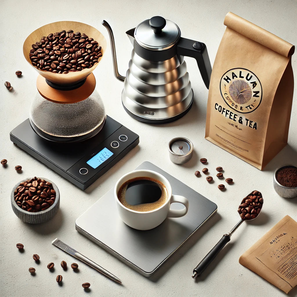 Flat-lay image showcasing a premium coffee brewing setup with freshly brewed coffee, whole beans, a burr grinder, digital scale, and pour-over equipment