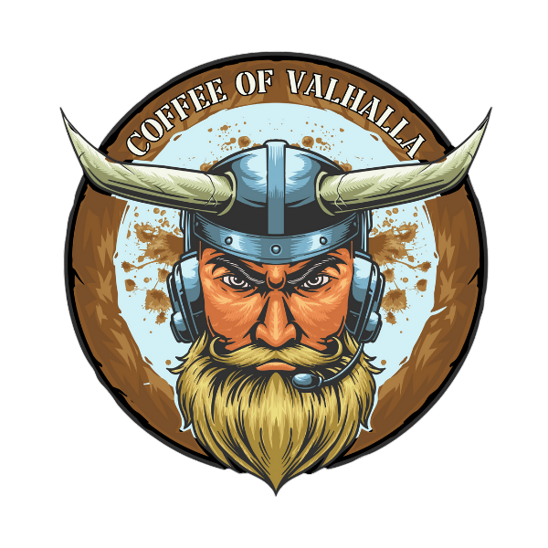 VIKING WITH HORNED HELMET AND COMMUNICATIONS HEADSET. LABEL SAYS COFFEE OF VALHALLA