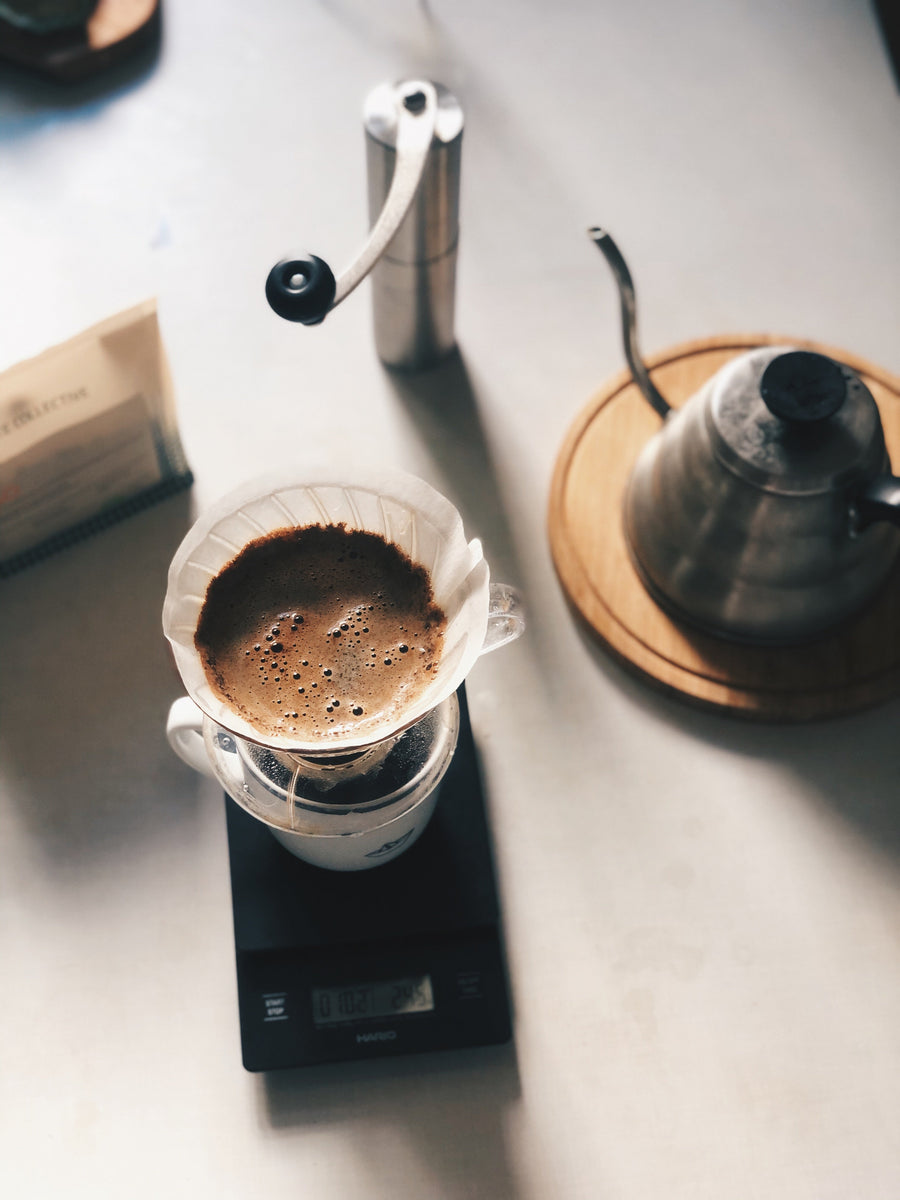 Morning pour-over coffee setup, flat lay