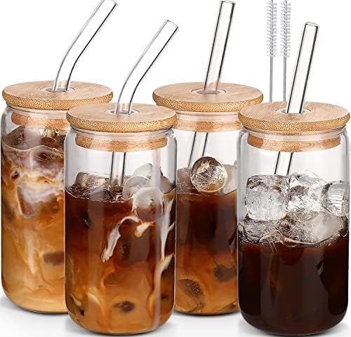 Glass Cups with Lids and Straws 4 Pcs,