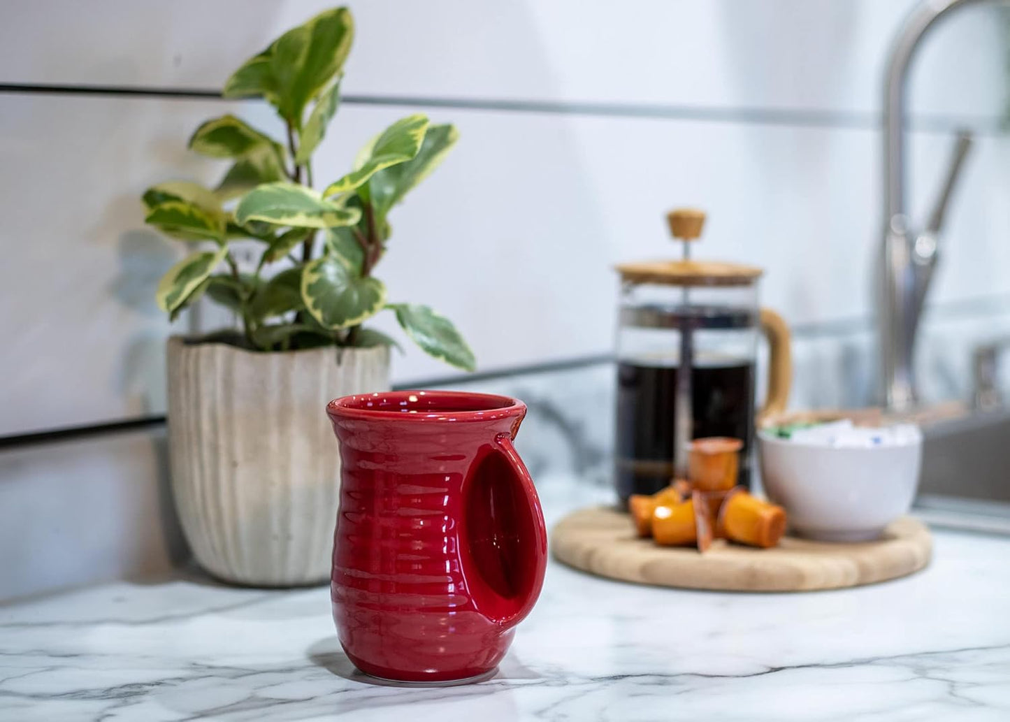 Ribbed 14 Ounce Ceramic Stoneware Handwarmer Mug, Red