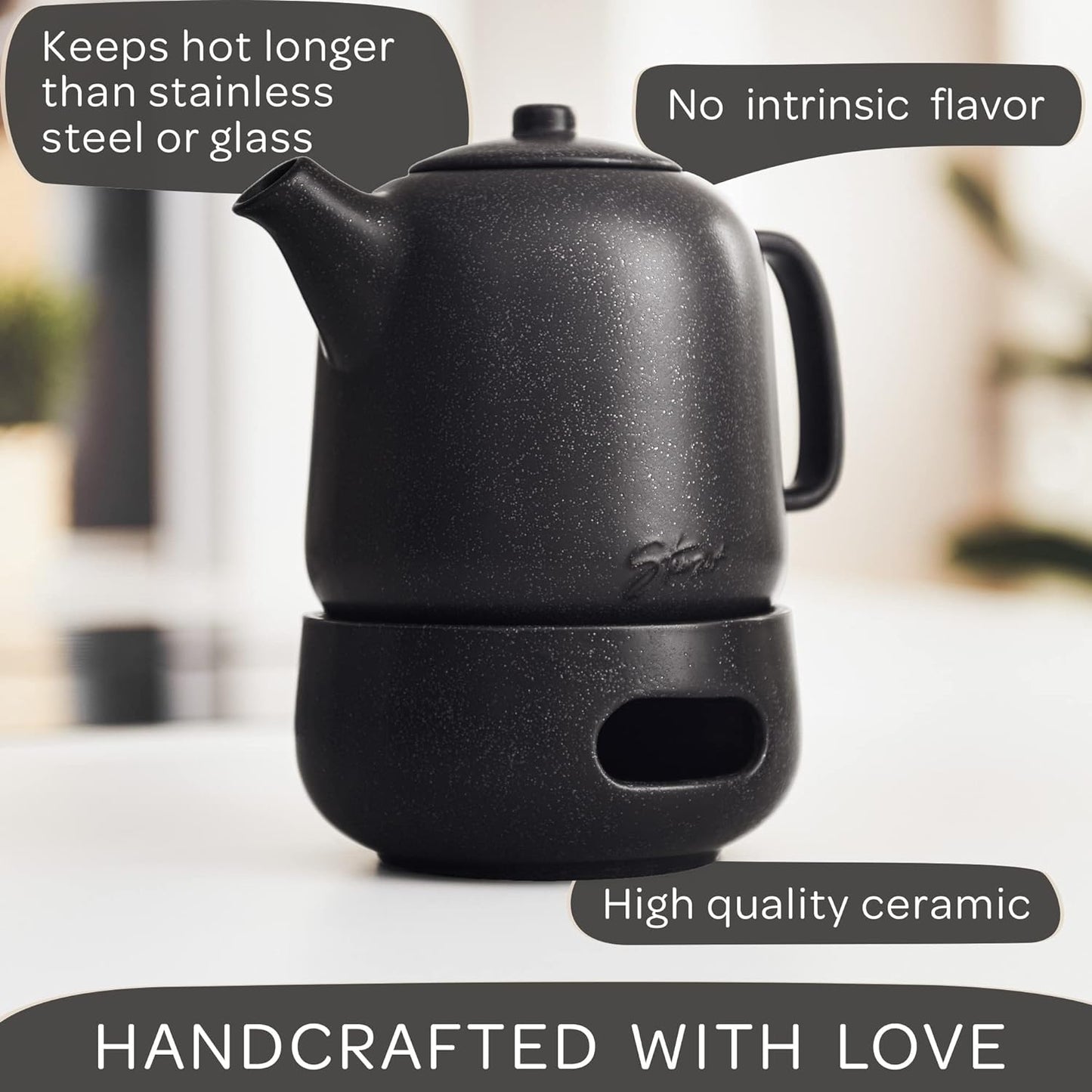 Design Tea Pot with Warmer (44 Oz) - Premium Ceramic Teapot with Infuser for Loose Tea - Black Teapot Ceramic with Removable Strainer