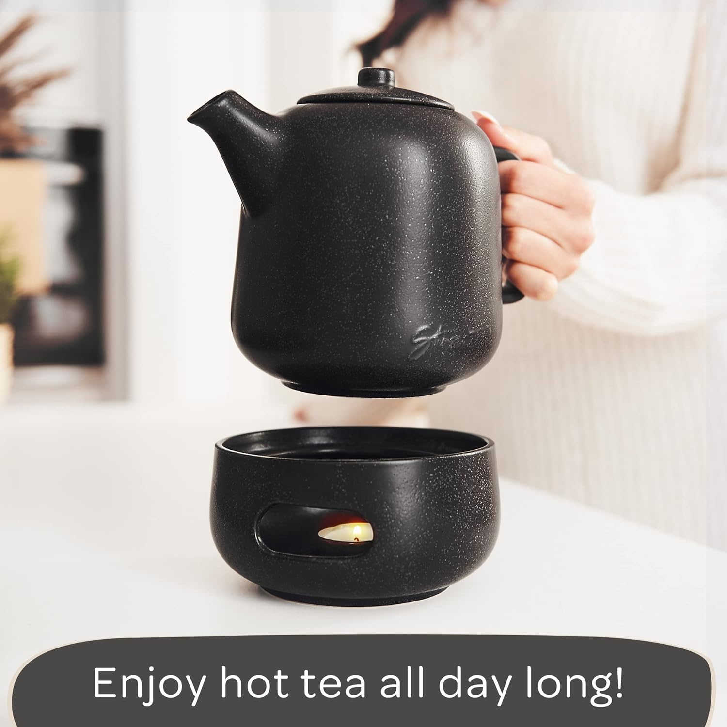 Design Tea Pot with Warmer (44 Oz) - Premium Ceramic Teapot with Infuser for Loose Tea - Black Teapot Ceramic with Removable Strainer