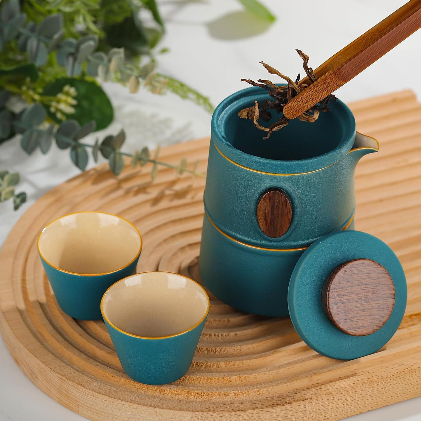 Travel Ceramic Tea Pot Set, Nesting Tea Set with Pot Infuser