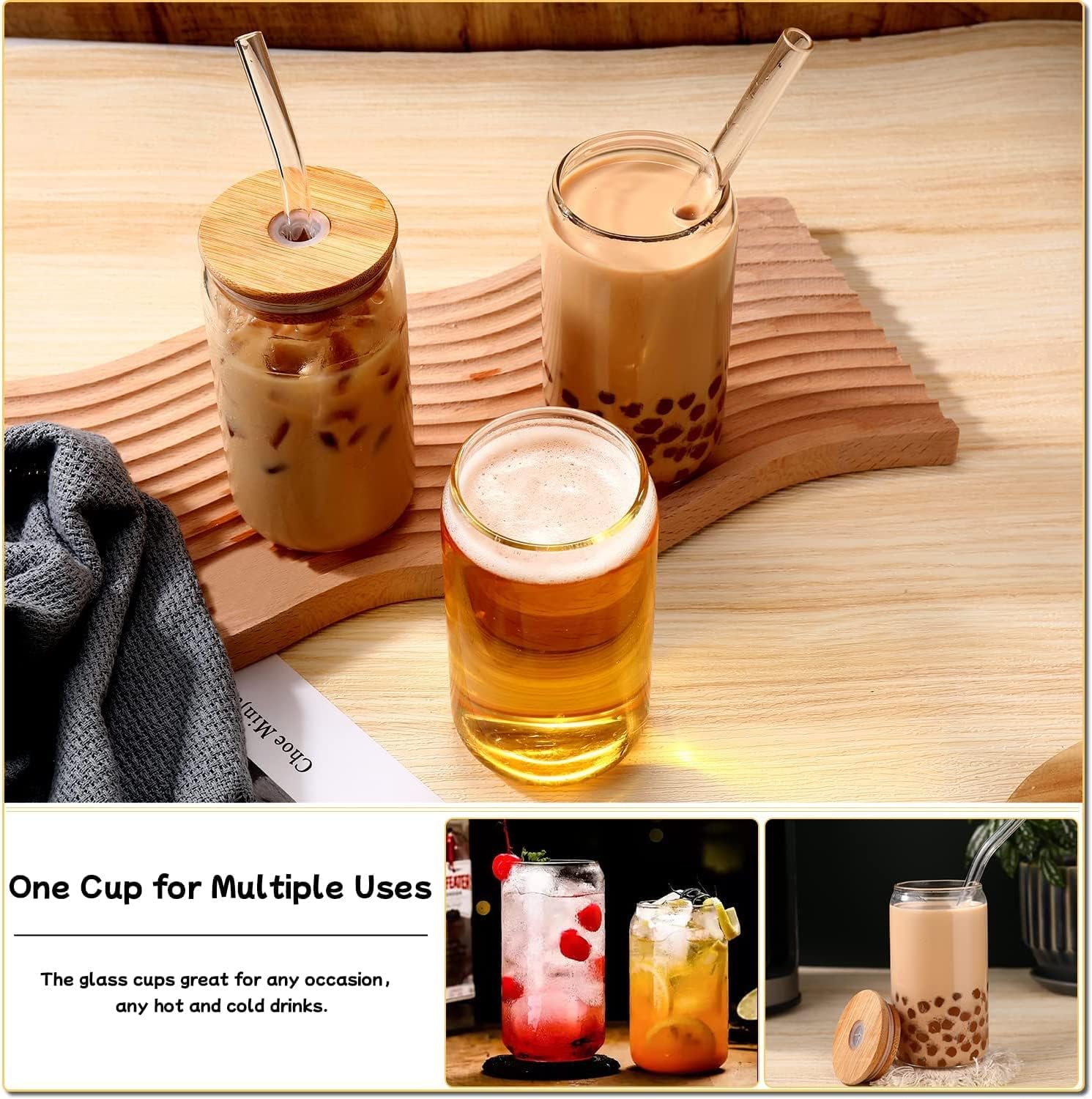 Glass Cups with Lids and Straws 4 Pcs,