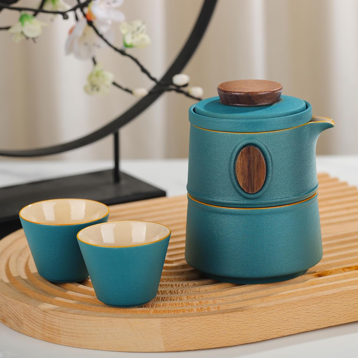 Travel Ceramic Tea Pot Set, Nesting Tea Set with Pot Infuser