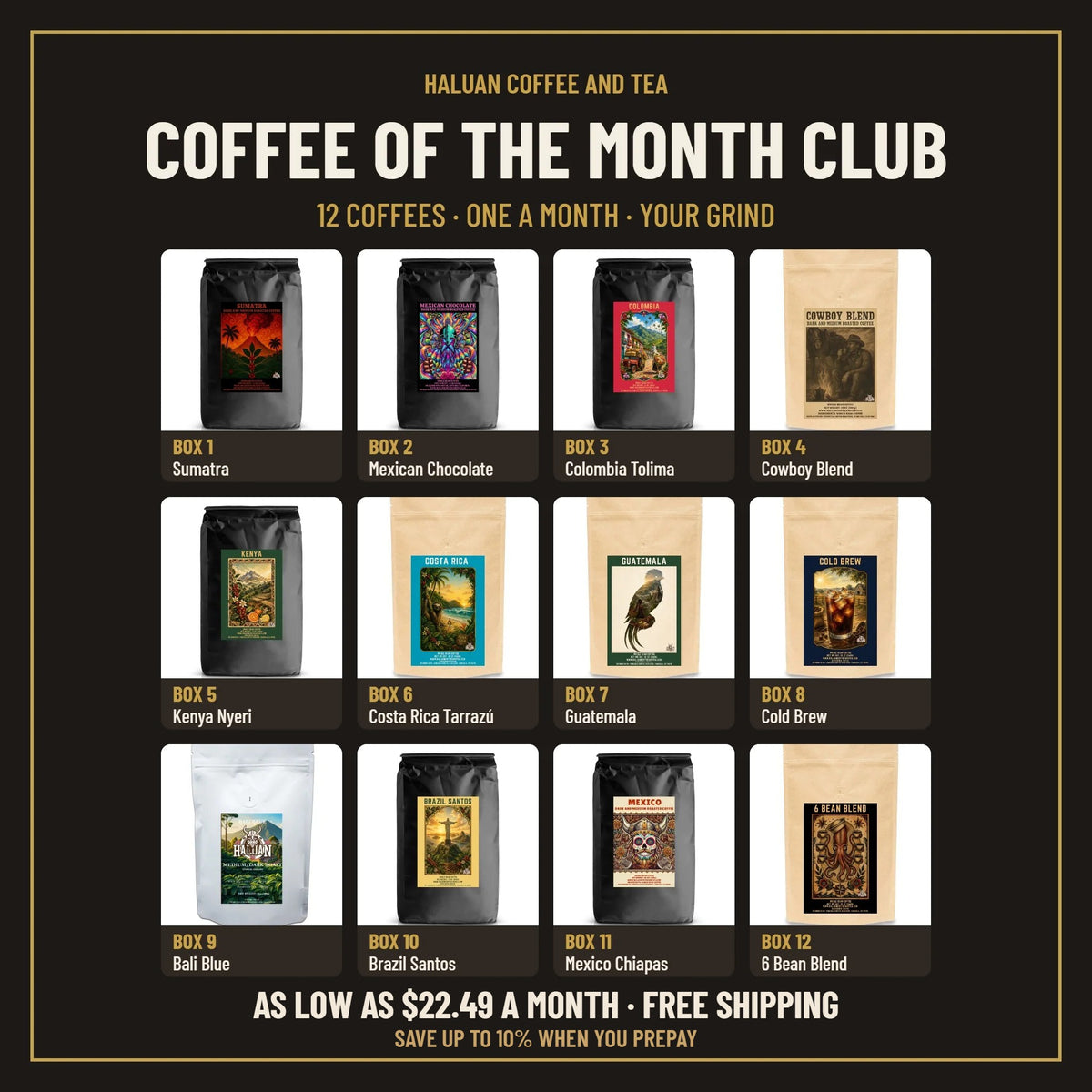 Haluan Coffee of the Month Club lineup of 12 coffees, from Sumatra to 6 Bean Blend, one bag each month