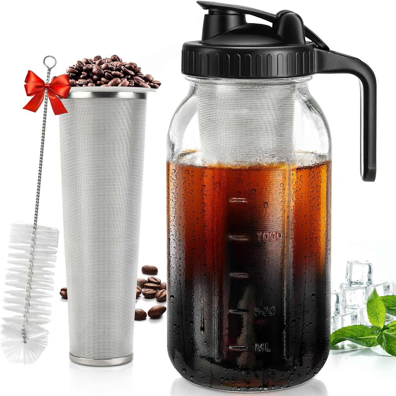 64 Oz Cold Brew Coffee Maker - 2-Quart Wide Mouth Mason Jar with Stainless Steel Filter, Lid & Spout for Iced Coffee & Tea