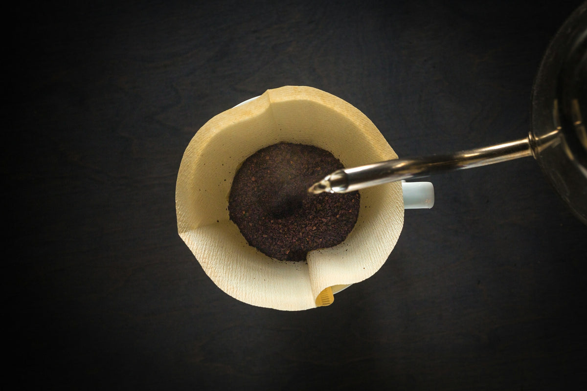 Hot water poured over ground coffee in a pour over filter
