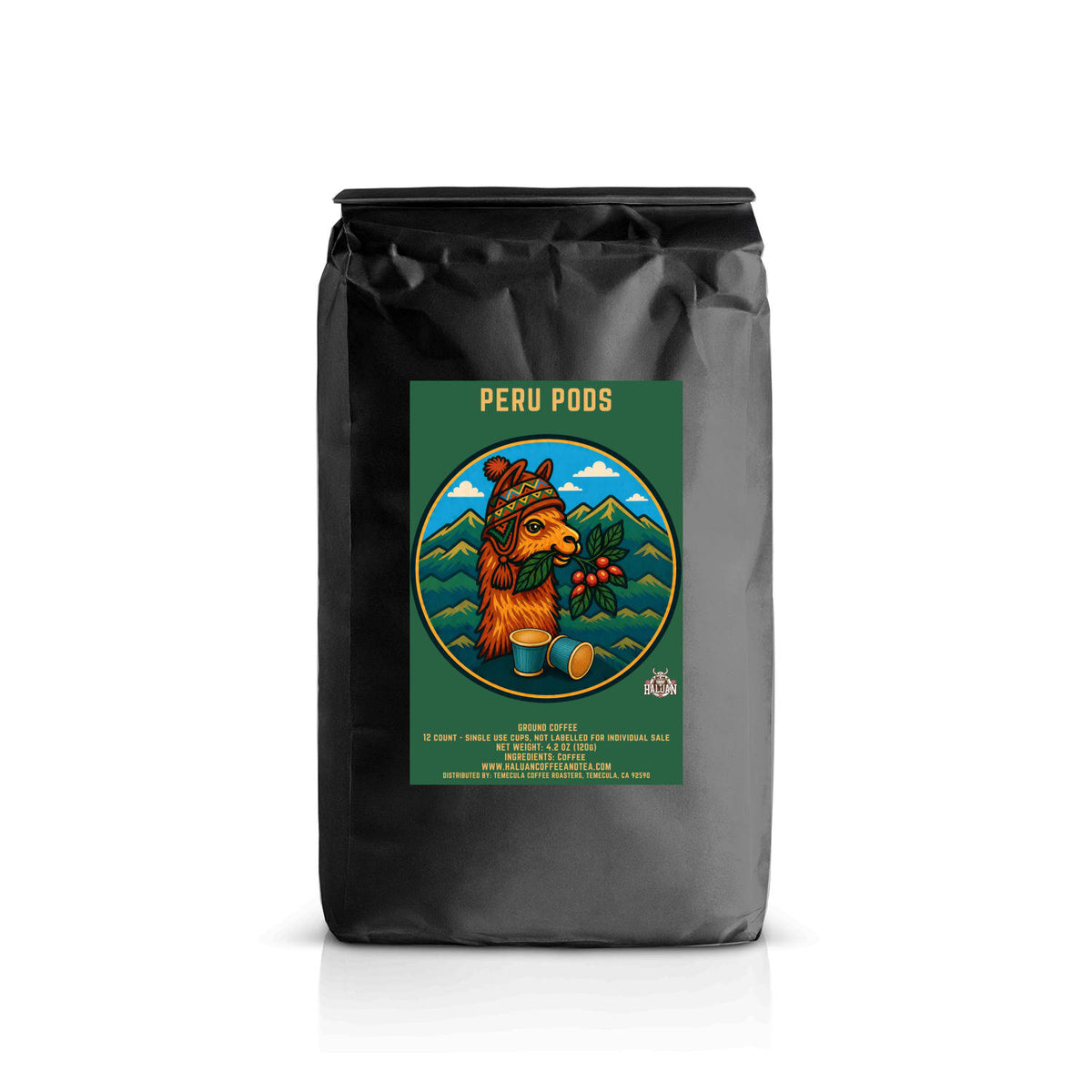 Black Haluan Peru Pods bag with a green mountain illustration label