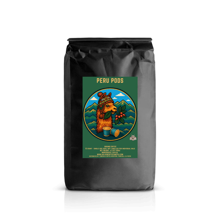 Black Haluan Peru Pods bag with a green mountain illustration label