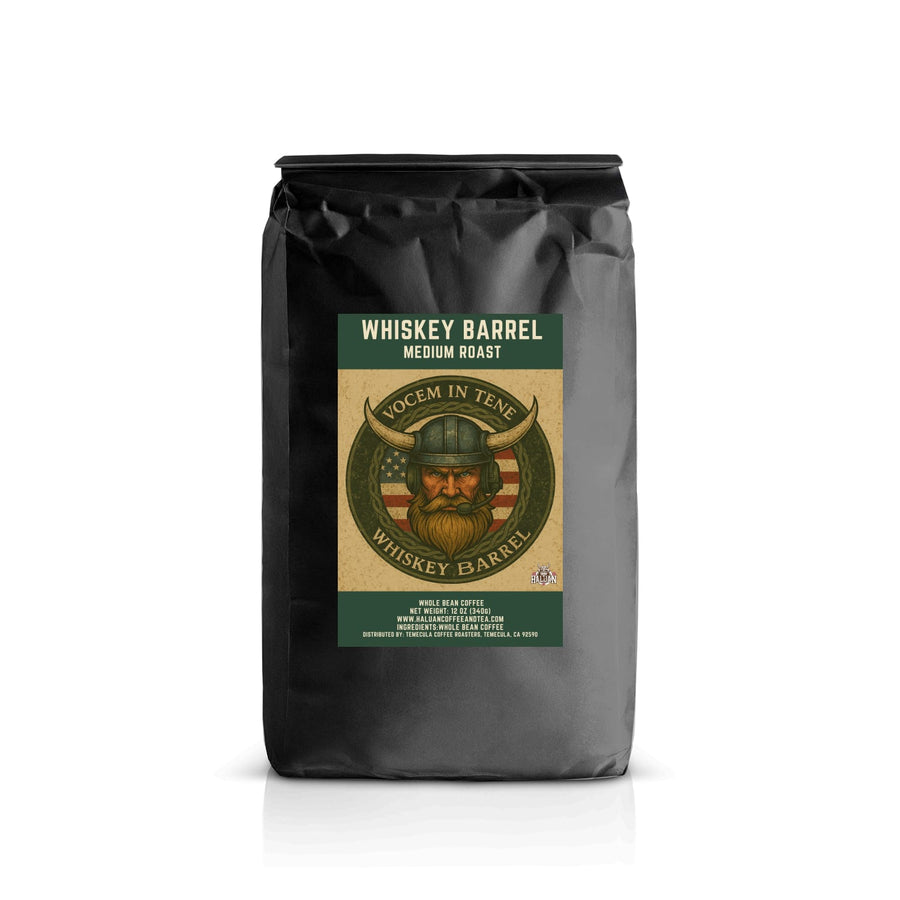 12 oz bag of Haluan Whiskey Barrel Aged whole bean coffee