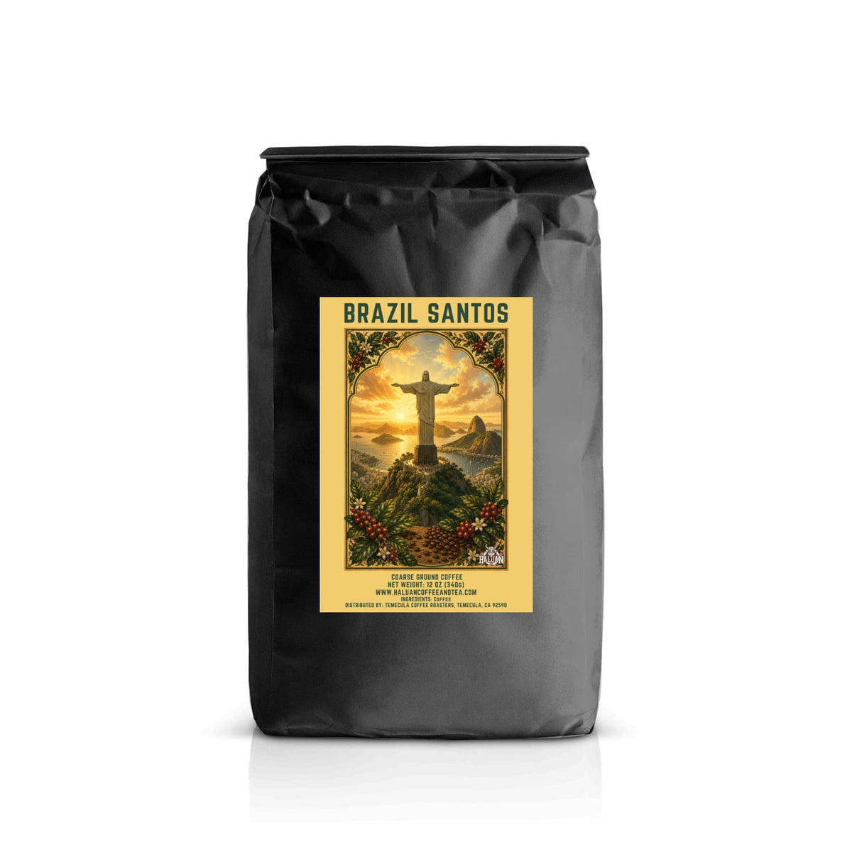 12 oz bag of Haluan Brazil Santos coarse grind coffee